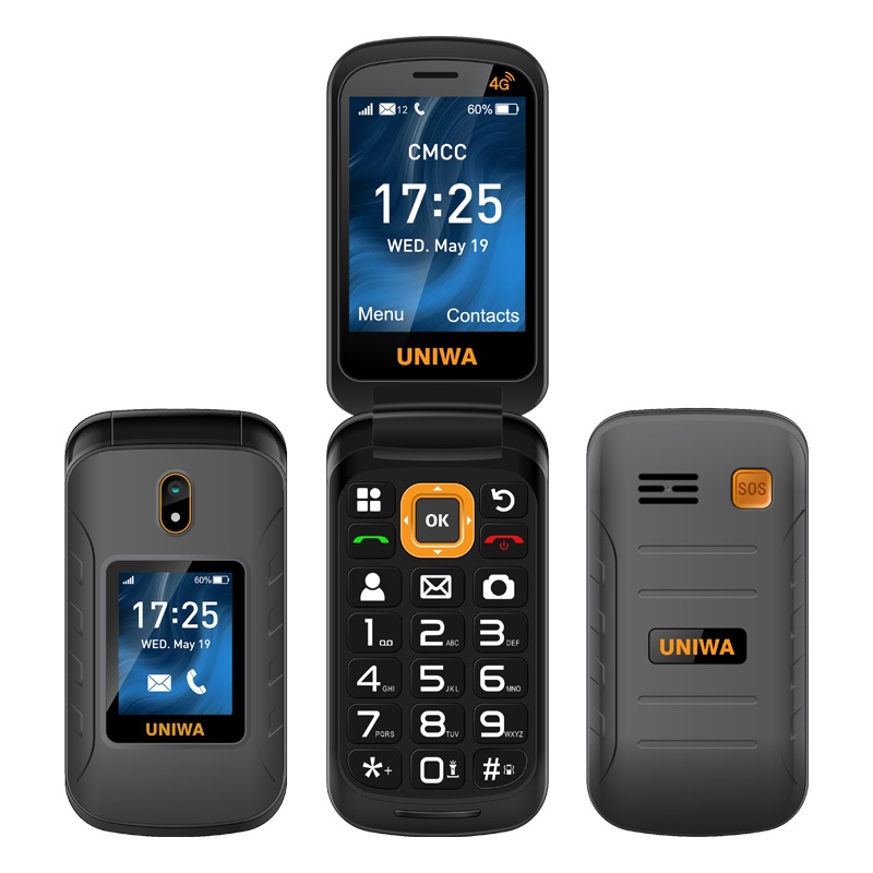 New Quality UNIWA V909T 4G VoLTE 2.8''/1.77'' Double Screen 2250mAh Battery SOS Function Rugged Flip Phone