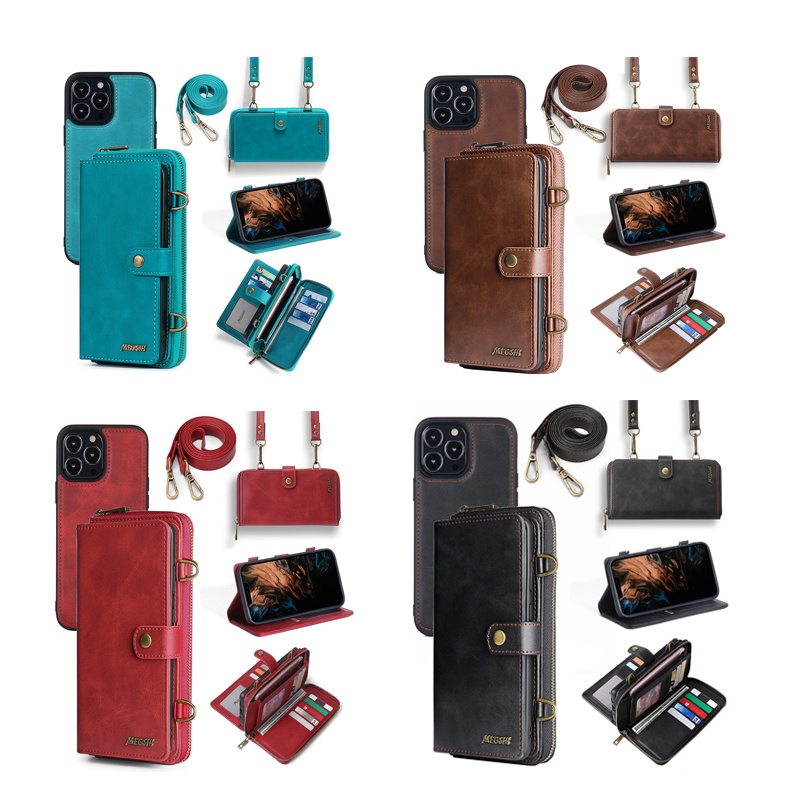 Custom wallet leather luxury waterproof mobile phone case with strap For iphone 13 pro max