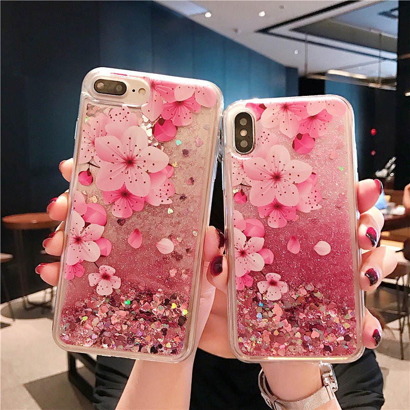 Free Shipping 1 Sample OK New Big Peach Flower Shiny Sand Shockproof Mobile Cover Phone Case For Iphone X/11/12/13 Series