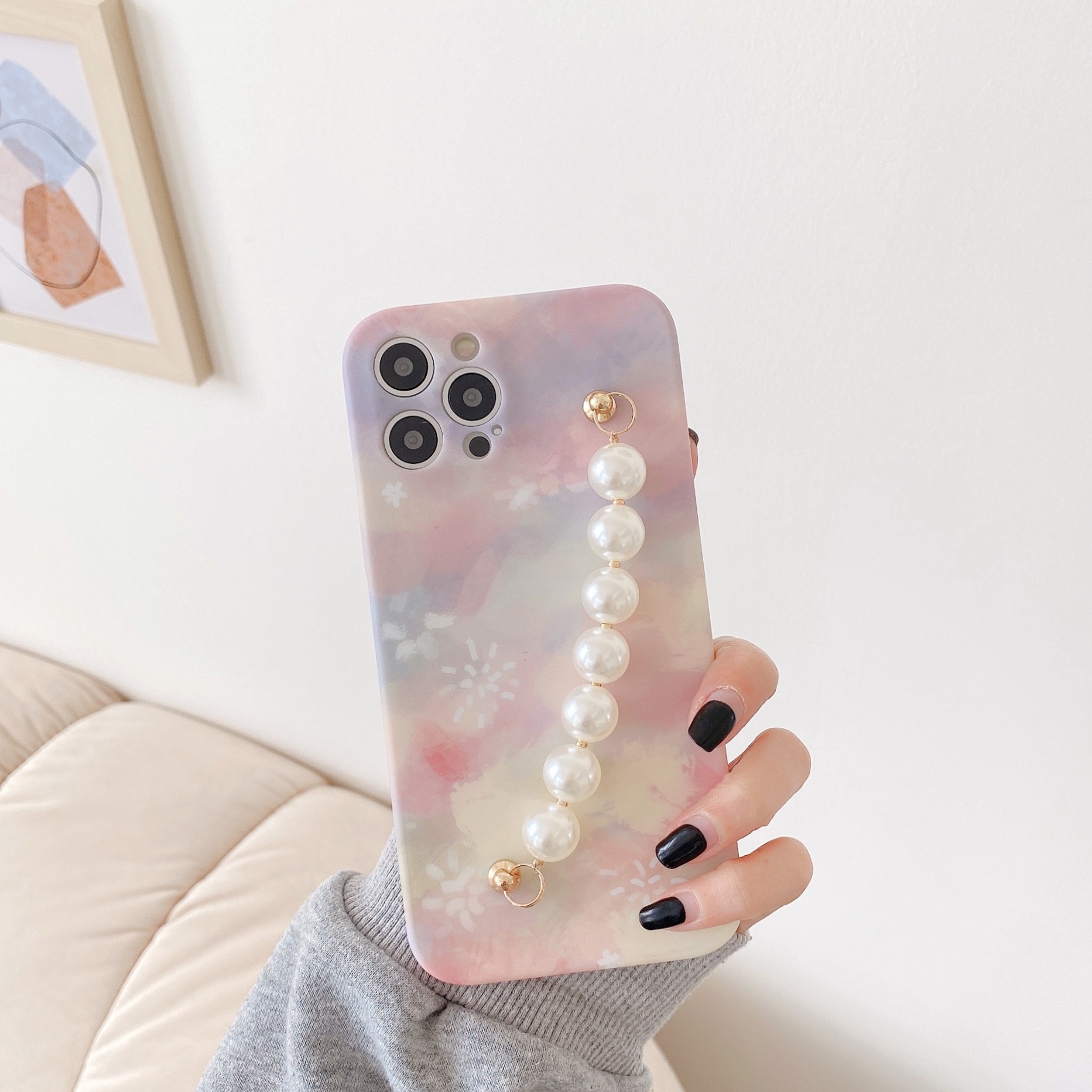 Fashion Luxury Oil Painting Style Mobile Phone Case Firework Fresh Flowers TPU Girl Pearl Chain Phone Case For iPhone 13/12/11