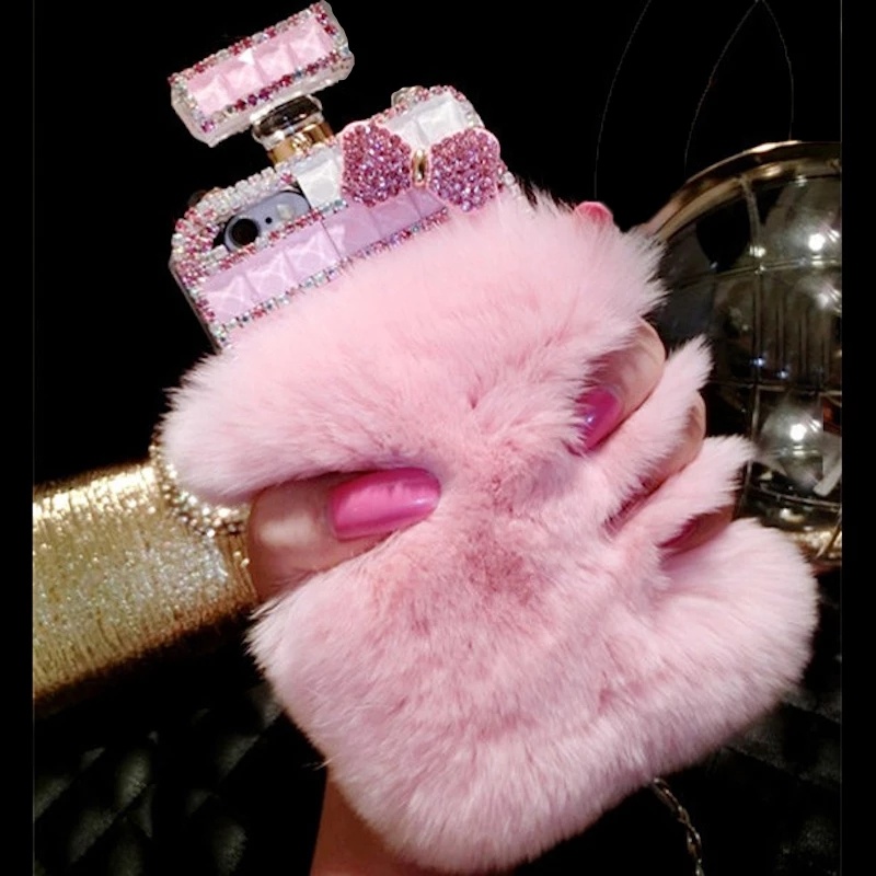 High Quality Bling Diamond Rhinestone Fur Perfume Bottle Phone Case For iPhone 11 12 Pro Xs Max Warm Furry Case Plush Soft Cover