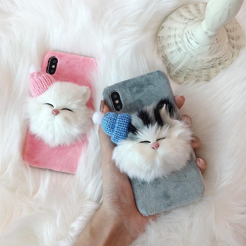 Unique anime cartoon soft fur cat fox phone case for iphone x xr xs max 7/8 thermal fur back cover