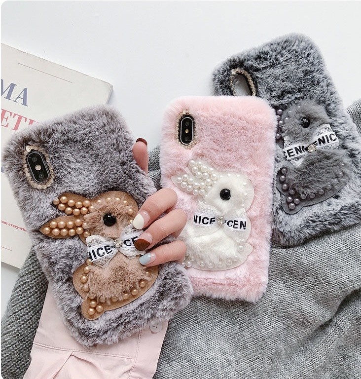For girls cute animal design bear rabbit hair fur diamond pearl furry mink fluffy cell phone case for iPhone 11 pro max