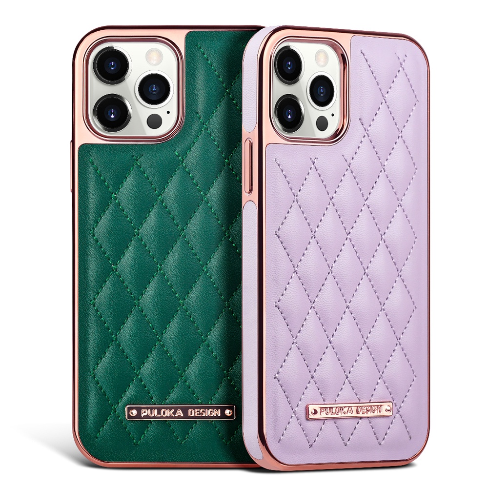 PULOKA Luxury High Quality Grid Pattern Electroplate Plating Premium Leather Phone Case for iPhone 12 Pro Max Case iPhone Case