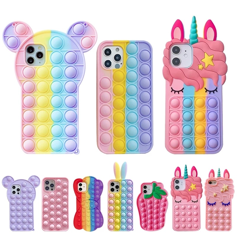 Relive Stress Fidget Toys Push It Bubble Phone Case For Iphone 6 6s 7 8 Plus X XR XS 11 12 Pro Max 3D Cartoon Silicone Cover
