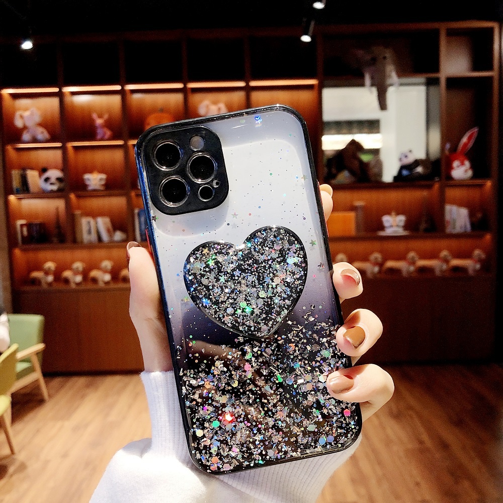 Phone Case For Samsung Galaxy S21 A32 A52 A72 A02S A42 5G Bling Glitter Heart Holder Cover S20FE A02 A11 A12  For Redmi Note 10