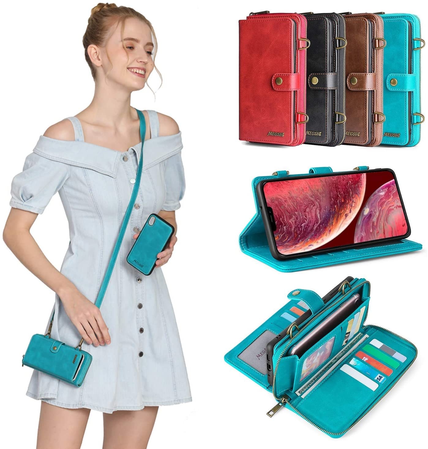 Boshiho Wallet Case Detachable magnetic PU Leather Zipper Flip crossbody chain handbag cell phone case for  iPhone 12/12 Pro