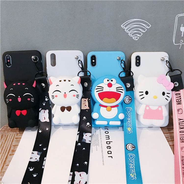 Drop Shipping 3D Cute Cartoon Cat Wallet Bag Silicone Soft Phone Case for iPhone 12 With Lanyard