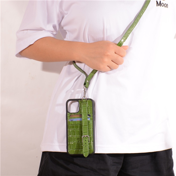 Embossed Crocodile Leather Phone Case With Card Slots Crossbody Shoulder Strap Mobile Phone Cover For iphone 12 pro