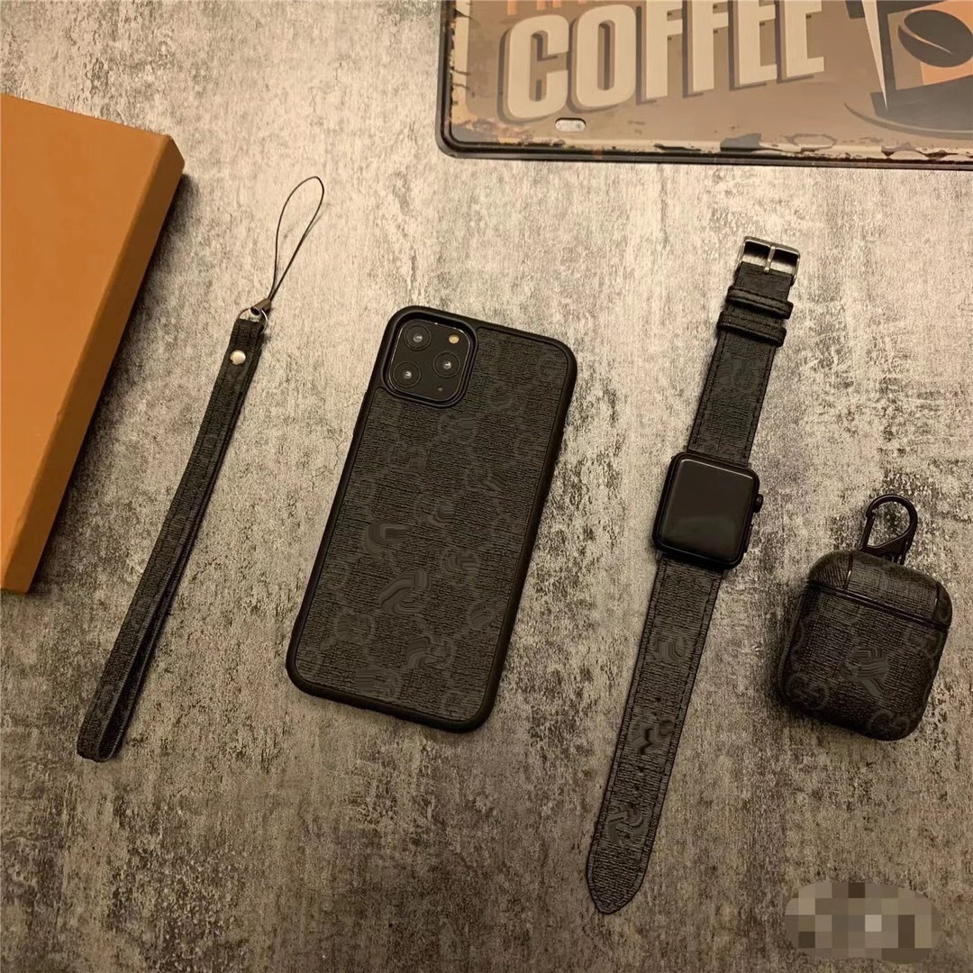 Fashion Brand Leather Luxury phone case for iphone 11promax  12 xsmax xr 7 8plus cover and for airpod case +watch bands a set