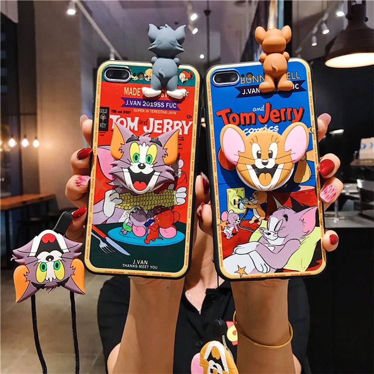 Phone Case For 11 Pro Max 11 Pro Xs X 7 8 Tom And Jerry 3D Doll Holder Stand Strap Cute Soft Case