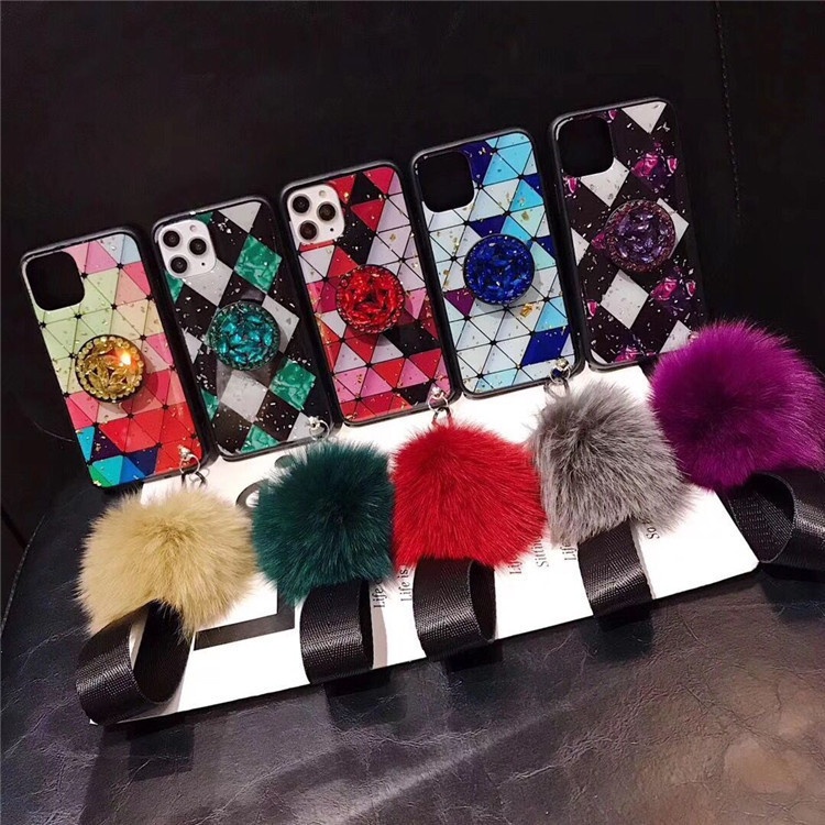 Luxury new shockproof phone case with diamond design holder cute plush ball phone case for iphone