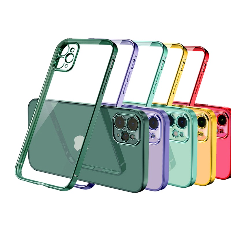 Clear Silicone Case With Straight Edge For iPhone 13 12 Pro Case For iPhone 11 XS MAX Square Frame Plating Phone Case