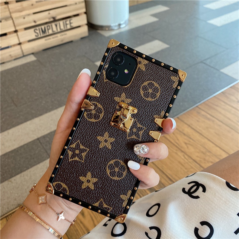 New Designer Luxury Leather Square Mobile Phone Case Back Cover Set with Strap for iPhone 6 7 8 x xs 11 matte 12 pro max