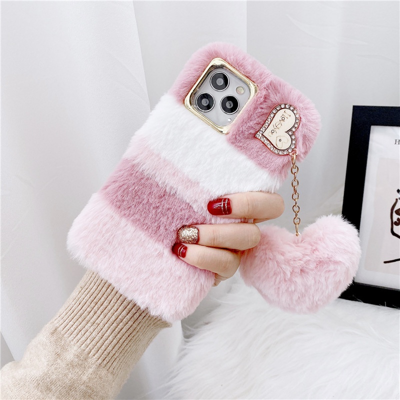 Luxury Diamond Love Hairball Mobile Phone Case TPU Girl Fashion Plush Phone Case For iPhone 13/12/11 Pro Max XR XS MAX