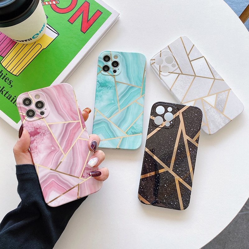 IMD Printed Gold Luxury Cell Phone Cover For iPhone 11 12 13 Geometric Stripe Marble Phone Case