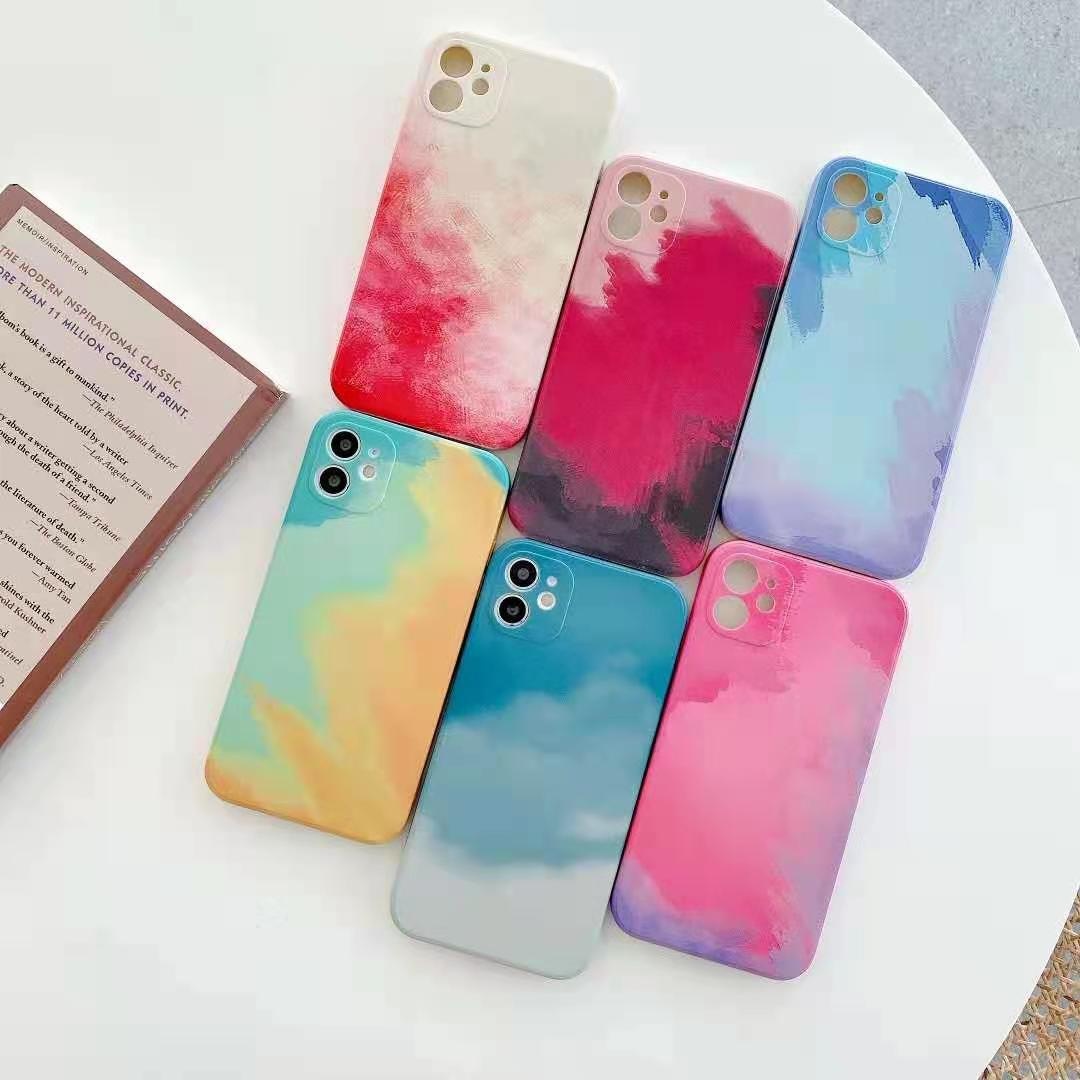 Ultra-thin Watercolor Liquid Silicone Phone Case For iPhone 11 12 Pro Max X XS Max XR 8 7 Plus Gradient Camera Protection Cover