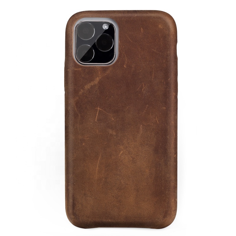 Guangzhou top grain luxury retro crazy horse leather oil waxed genuine leather ultra-thin back cover phone case for iPhone 11pro
