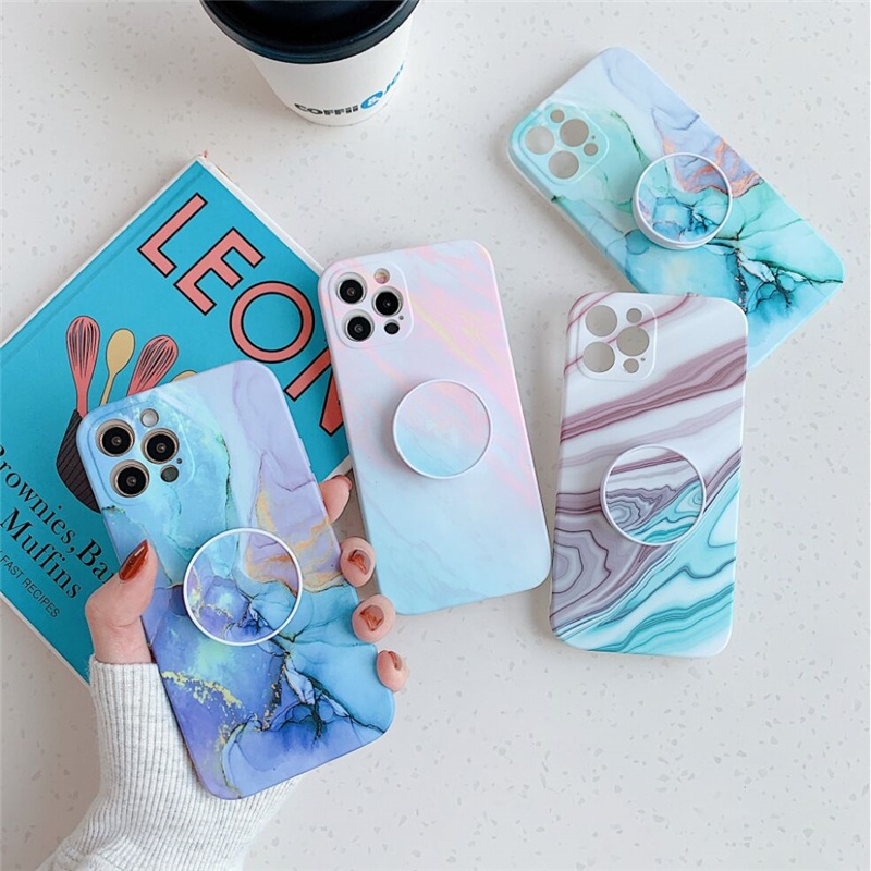 IMD Marble Print Shockproof TPU soft Case with Foldable Phone Holder Stand For iPhone 11 12 pro max