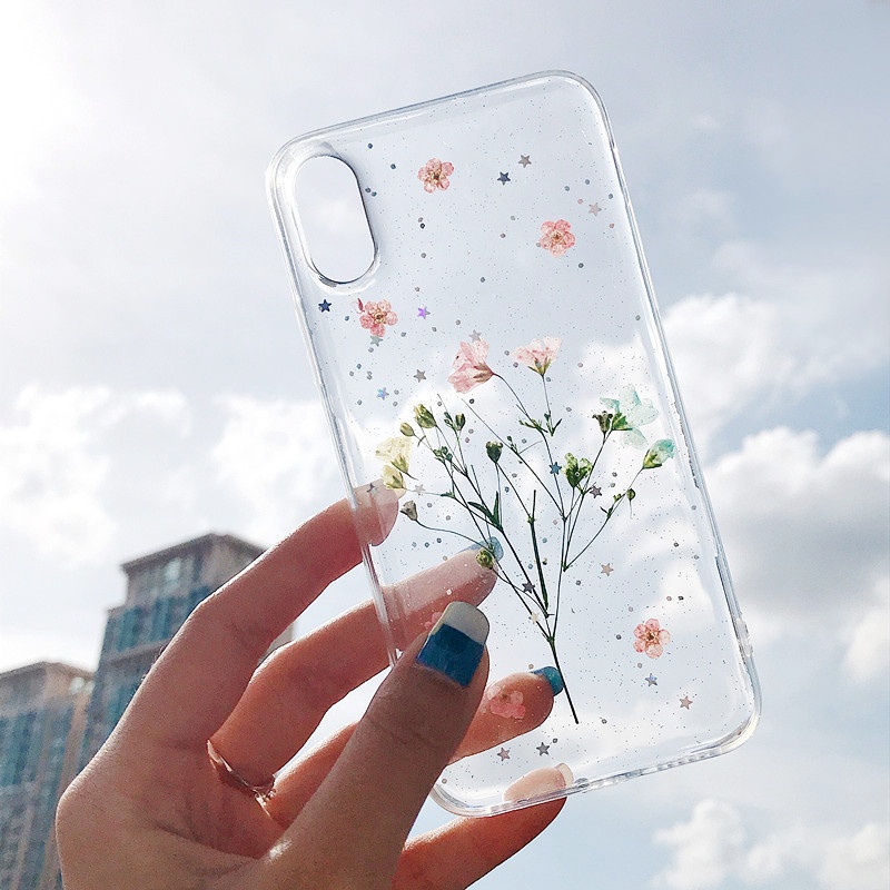 Shockproof Mobile Accessories TPU Sparkly Beautiful Flowers Mobile Cover 3D Dry Dried Real Pressed Flower Acrylic Phone Case
