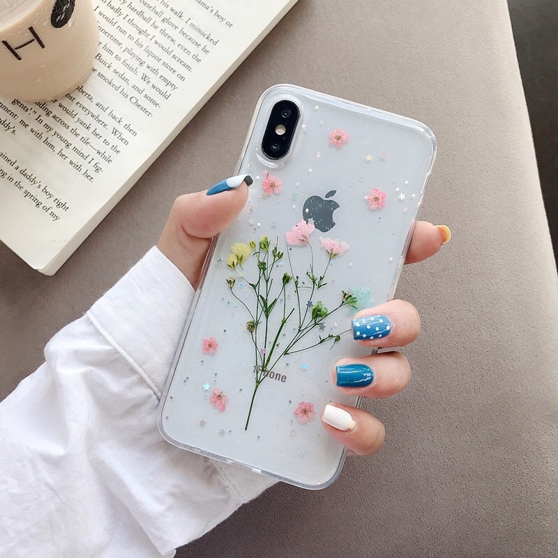 Shockproof Mobile Accessories  Epoxy 3D Dry Dried Real Flower Acrylic Back Phone cover Case