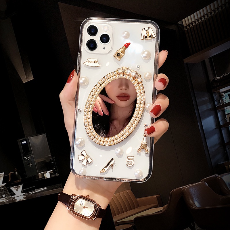 Pearl Rhinestones Girls Women Ladies TPU transparent Phone Case for iPhone 13 Phone Case Mirror