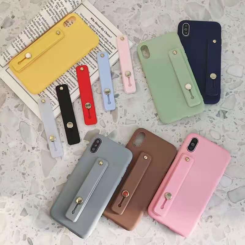 Candy color mobile phone case bracket wrist strap support push stretch color silicone solid color protective cover ultra-thin