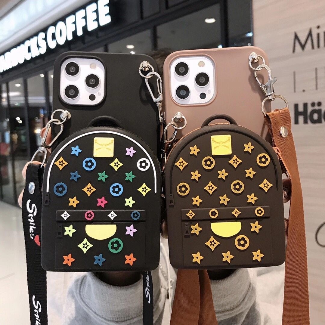 2021 New Design Cartoon Zipper Wallet Mobile Phone Case For Phones 12 Pro Max Silicone Coin Wallet Purse Luxury  backpack Case