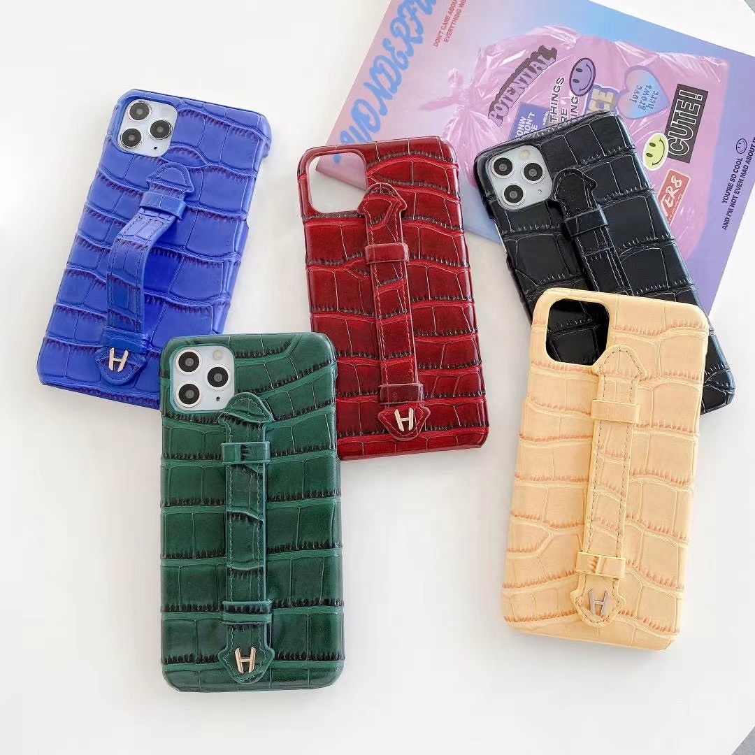 Customize Plastic Luxury PU Leather Crocodile Skin Mobile Phone Case Covers for iPhone 11 Pro Wrist Strap Stand