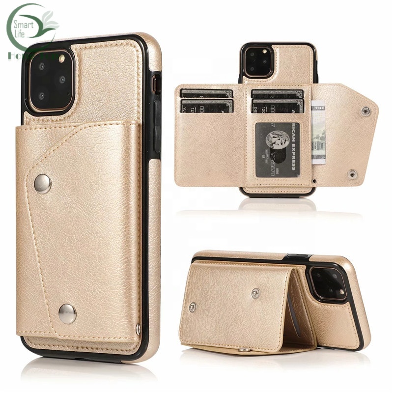 Beige bill fold wallet bracket phone case pu leather with double buckle design