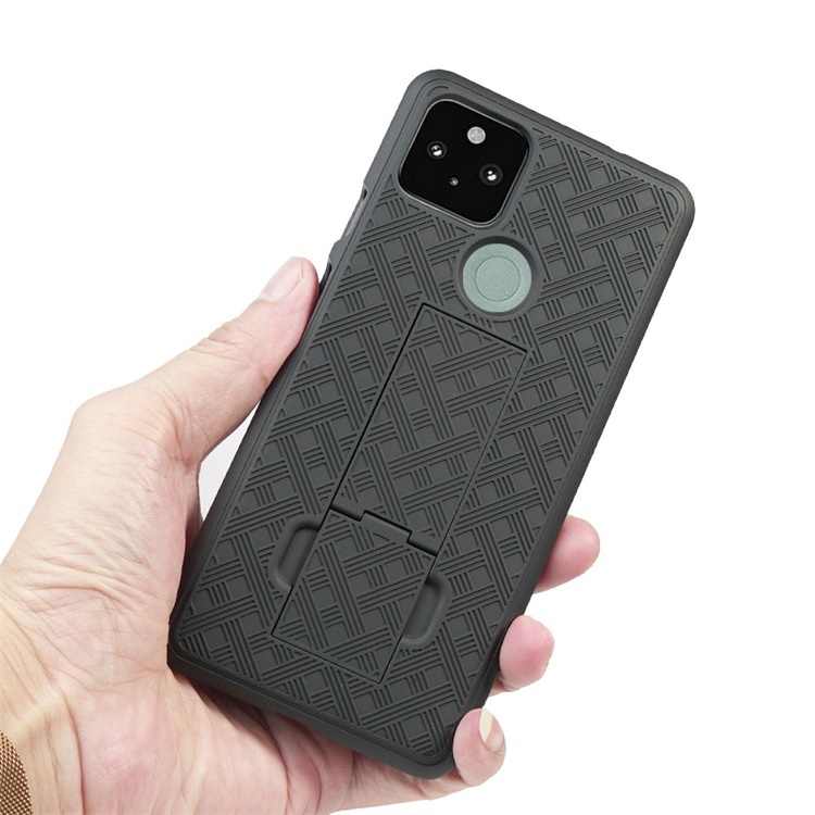 Amazon Hot Sale Weave Pattern Holster Combo Case for Google Pixel 5 XL Super Slim Shell Case with Built-in Kickstand