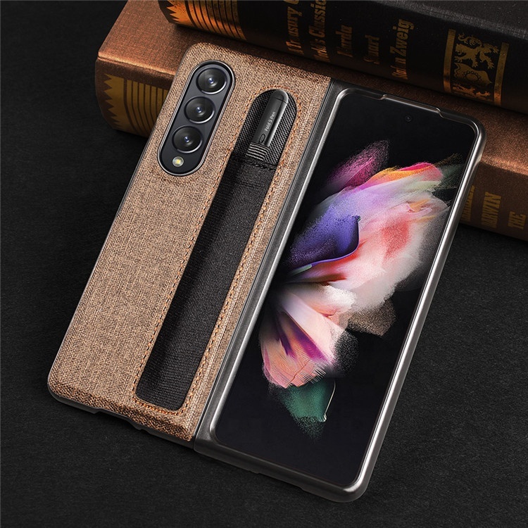 Hot selling premium PU leather cloth texture with S pen holder slot mobile phone back cover case for Samsung galaxy Z Fold3 5G
