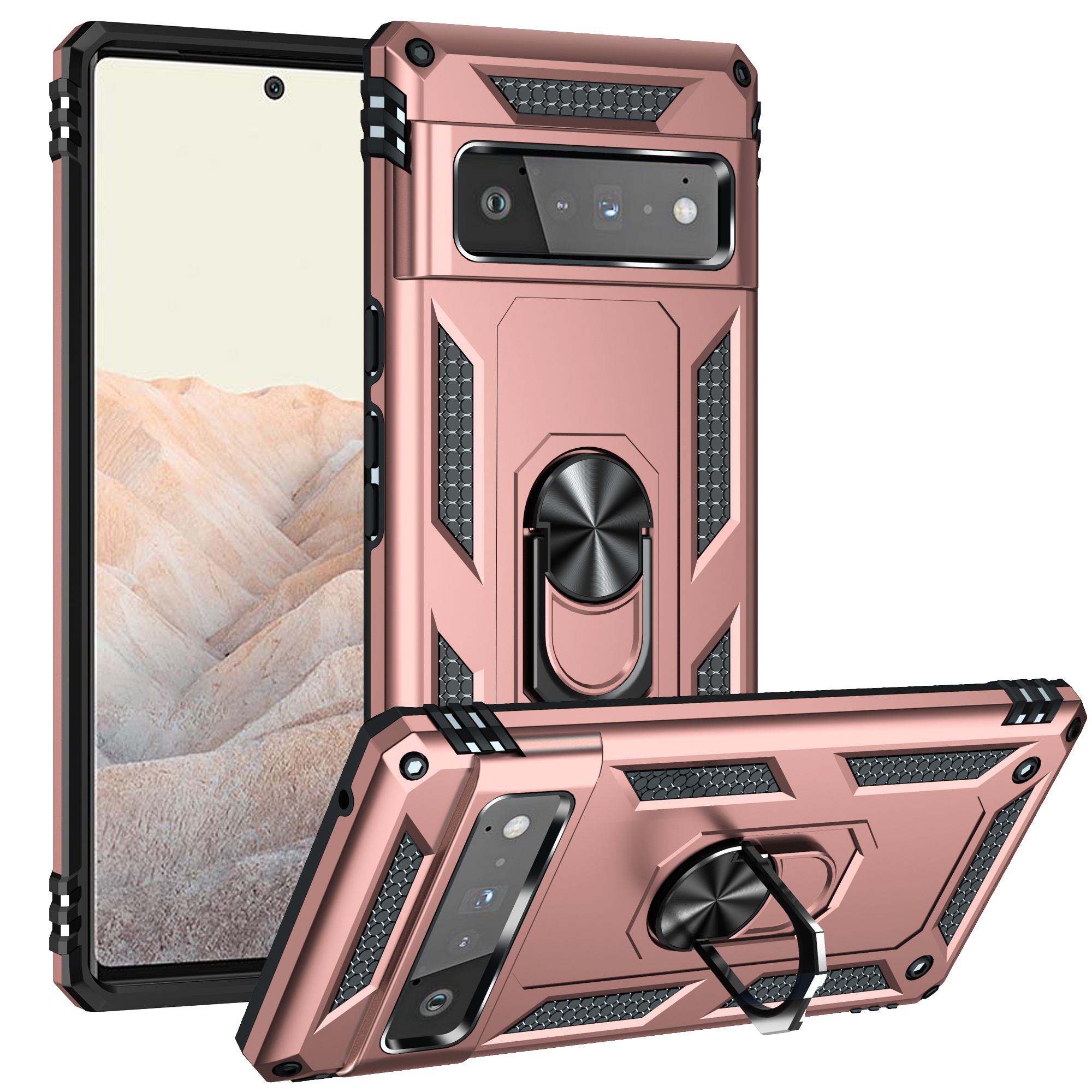 Metal Ring Case For Google Pixel 6 Pro 5 4A Rugged Rotating Kickstand Shockproof Car Mount PC TPU Bumper Mobile Back Cover