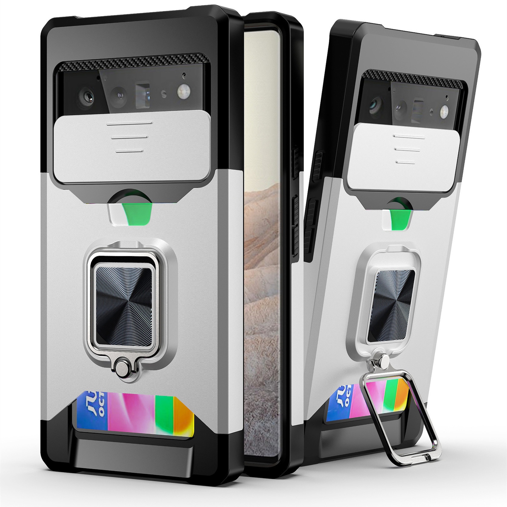 Phone Ring Stand Card Slot Slide Camera Protector Armor Case For Google Pixel 6 Pro