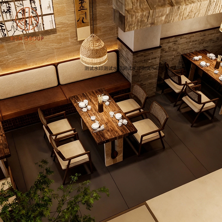 Modern Restaurant Furniture Set Wood Rectangular Coffee Shop Tables with Natural Grain, Rattan Chairs and Fabric Seats for Cafe